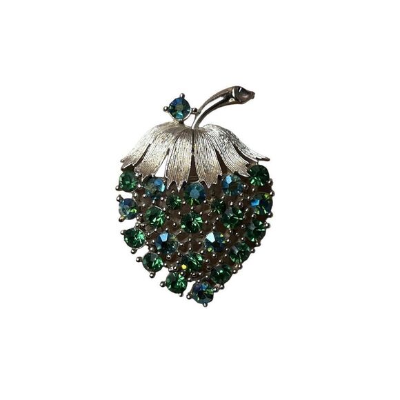Vintage Lisner Green Blue AB Rhinestone Brooch Strawberry Signed - Picture 4 of 7